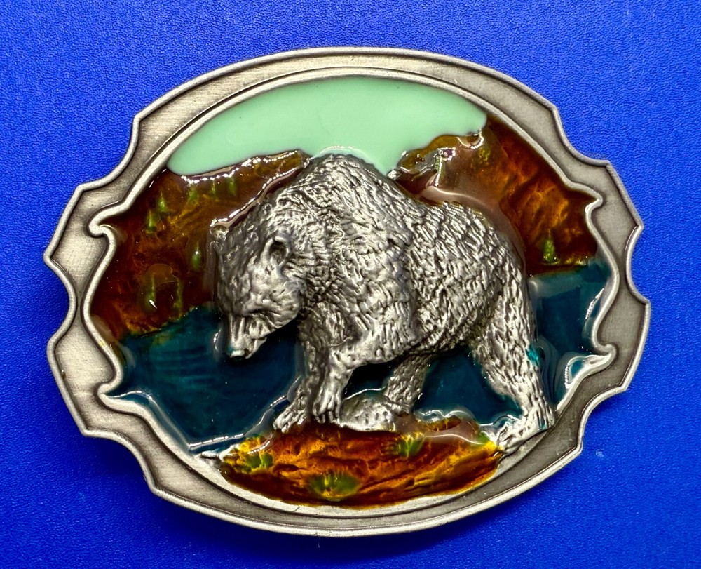 Southwestern Style Fishing Grizzly Bear Colorful Painted Belt Buckle