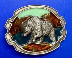 Southwestern Style Fishing Grizzly Bear Colorful Painted Belt Buckle