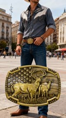 Men Gold Metal Belt Buckle Deer Nature Hunter Western Fashion Pant Jeans Casual