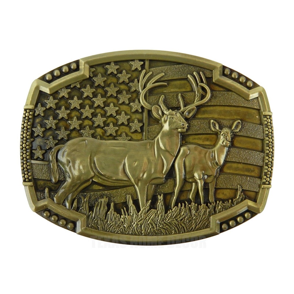Buck Deer American Flag Belt Buckle USA Hunter Antique Bronze Tone 1.5&Prime; Belts