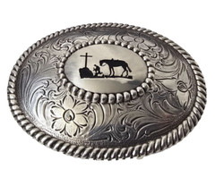 Nocona Belt Buckle Cowboy Horse Prayer Silver-toned Religious Rodeo Leather Belt
