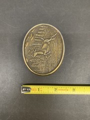 Brass Oval Belt Buckle Hunting Jumping Deer Forest