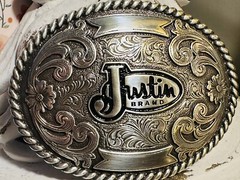 JUSTIN Boots Promo Silver Belt Buckle Western Scroll Work Cowboy Rodeo Oval