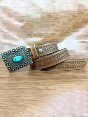 Paul Walter Antique Brass Concho Buckle with Turquoise Large (36-38), Brown