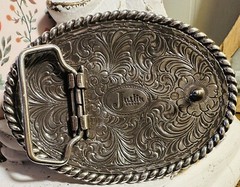 JUSTIN Boots Promo Silver Belt Buckle Western Scroll Work Cowboy Rodeo Oval