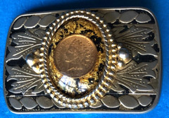 United States Indian Head Penny on Centered Cabochon Gold Belt Buckle