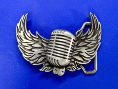 Retro Microphone Flying Mic & Wings Rock Music Silver Color Cutout Belt Buckle