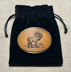 Vintage Elk Leather Belt Buckle Western Wildlife Oval Brown Brass USA