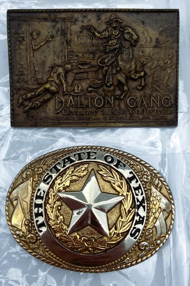 Lot of 2 Belt Buckles: State of Texas by Justin Boots & Dalton Gang 1892 Bank