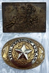 Lot of 2 Belt Buckles: State of Texas by Justin Boots & Dalton Gang 1892 Bank