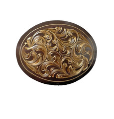 Western Belt Buckle 4.25 x 3.25 in Handcrafted Oval Engraved Brown Gold 2.25