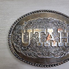 Vintage Utah Belt Buckle Silver Tone Floral Scroll Swirl Western Oval