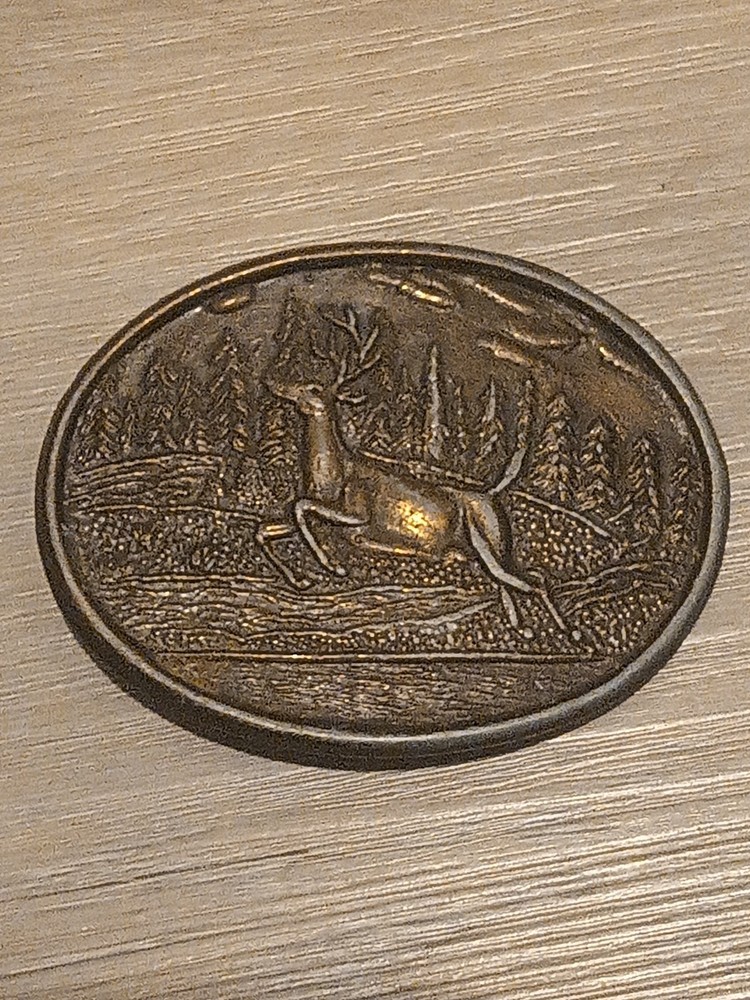 Vintage Running Leaping Deer Buck Silver Tone Oval Belt Buckle