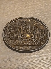 Vintage Running Leaping Deer Buck Silver Tone Oval Belt Buckle