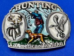Hunting An American Tradition Vintage Belt Buckle Deer Duck Dog Colorful USA
