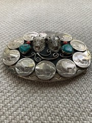 Vintage Belt Buckle, Double Buffalo, 10 Nickel, Turquoise Coral USA Southwestern
