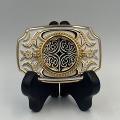 Vintage Western Gold Tone White Enamel Filigree Floral Belt Buckle Made in USA