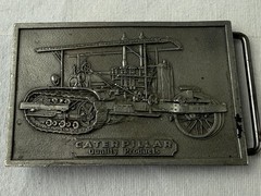 VTG Caterpillar Old Tractor Belt Buckle Rectangle 1975 Pewter 3.5in By 2.25in
