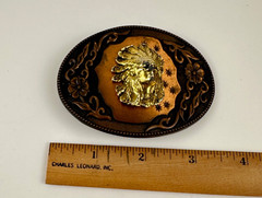 Western Copper Tone Belt Buckle Native Chief Head Oval Floral Scroll