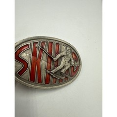 Vintage 1976 Bergamot Brass Works Skiing Belt Buckle Red Enamel Skier I-85