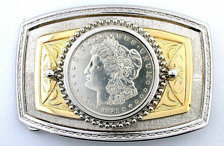 Silver Gold Color 1921 Morgan Silver Dollar Rectangle Frame Belt Buckle EPBB215
