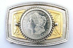 Silver Gold Color 1921 Morgan Silver Dollar Rectangle Frame Belt Buckle EPBB215