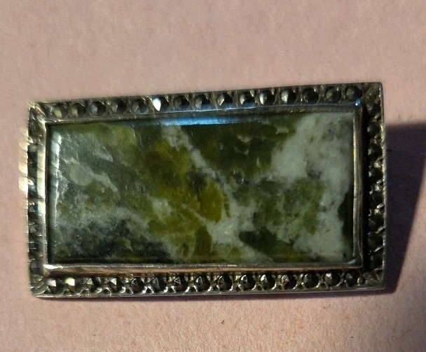 Vintage Green Serpentine Stone, Hematite Frame Silver tone