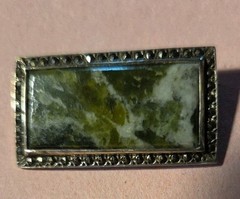 Vintage Green Serpentine Stone, Hematite Frame Silver tone