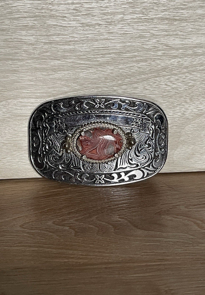 VTG Western Country Silver Tone Rhodochrosite Stone Belt Buckle 3.25&Prime; x 2&Prime;