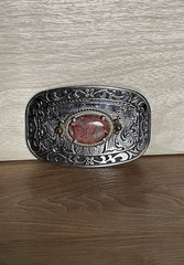 VTG Western Country Silver Tone Rhodochrosite Stone Belt Buckle 3.25&Prime; x 2&Prime;