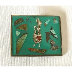 Vintage Solid Brass Roadrunner Turquoise Chip Inlay Southwest Belt Buckle Cowboy