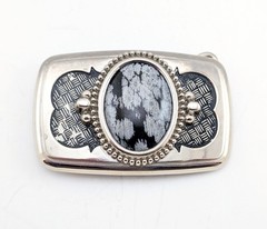 1970s-1980s Vintage Western Belt Buckle with Snowflake Obsidian Stone Cabochon