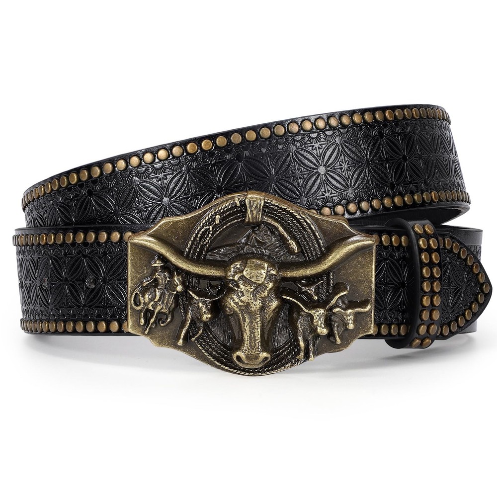 TRIWORKS Western Leather Belt for Men Cowboy Cowgirl Fit Size 34&Prime;-37&Prime;, Black