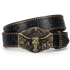 TRIWORKS Western Leather Belt for Men Cowboy Cowgirl Fit Size 34&Prime;-37&Prime;, Black