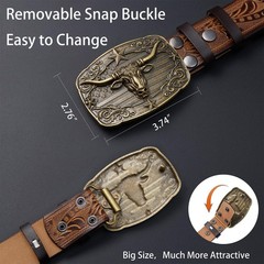 Evbopa Western Leather Belts for Men 33&Prime;-36&Prime;, Bronze Bull Buckle/Brown Belt