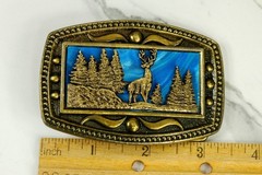 Stag and Trees in Moonlight brass belt buckle western