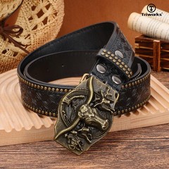 TRIWORKS Western Leather Belt for Men Cowboy Cowgirl Fit Size 34&Prime;-37&Prime;, Black