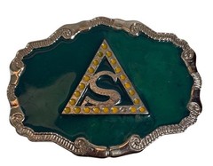 Belt Buckle Green Enamel & Yellow Accents Triangle with « S » Vintage Silver Toned