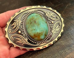 Turquoise Stone Belt Buckle Engraved Brass Western Cowboy Rodeo Style