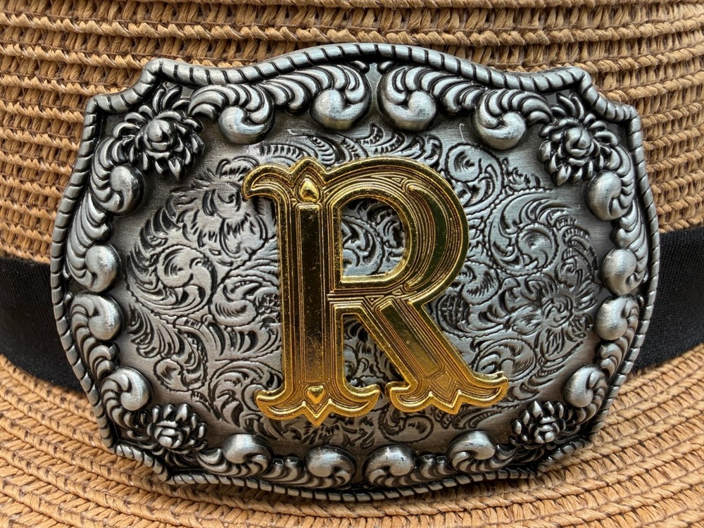 Antiqued Silver Gold Initial R Rectangle Western Cowboy Floral Vine Belt Buckle