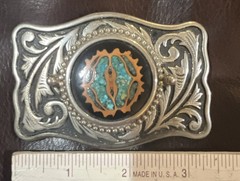 Western Silver Tone Metal Belt Buckle, Turquoise Accent, 3 1/2 inches long