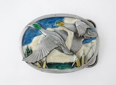Unique Rare Wild Mallard Ducks in Flight Belt Buckle-Enamel/Pewter-3 X 2 1/3&Prime;