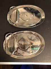 2 Police Badge Belt Buckles Black and Cream W/ Chrome