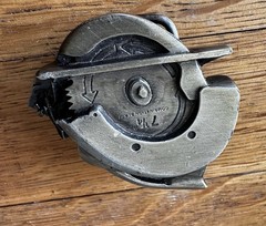 Vintage 1979 Bergamot 2.5&Prime; x 2.5&Prime; Circular Saw Tool Brass Works Shop Belt Buckle