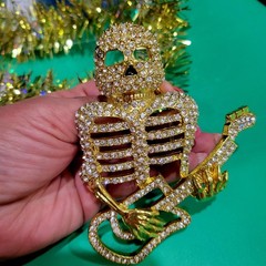 Skeleton Playing Guitar Belt Buckle Rhinestone Studded Gold Tone 4.5x 3.5 inches