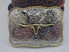 Western Style Texas Longhorn Belt Buckle w/ Belt 46in waist