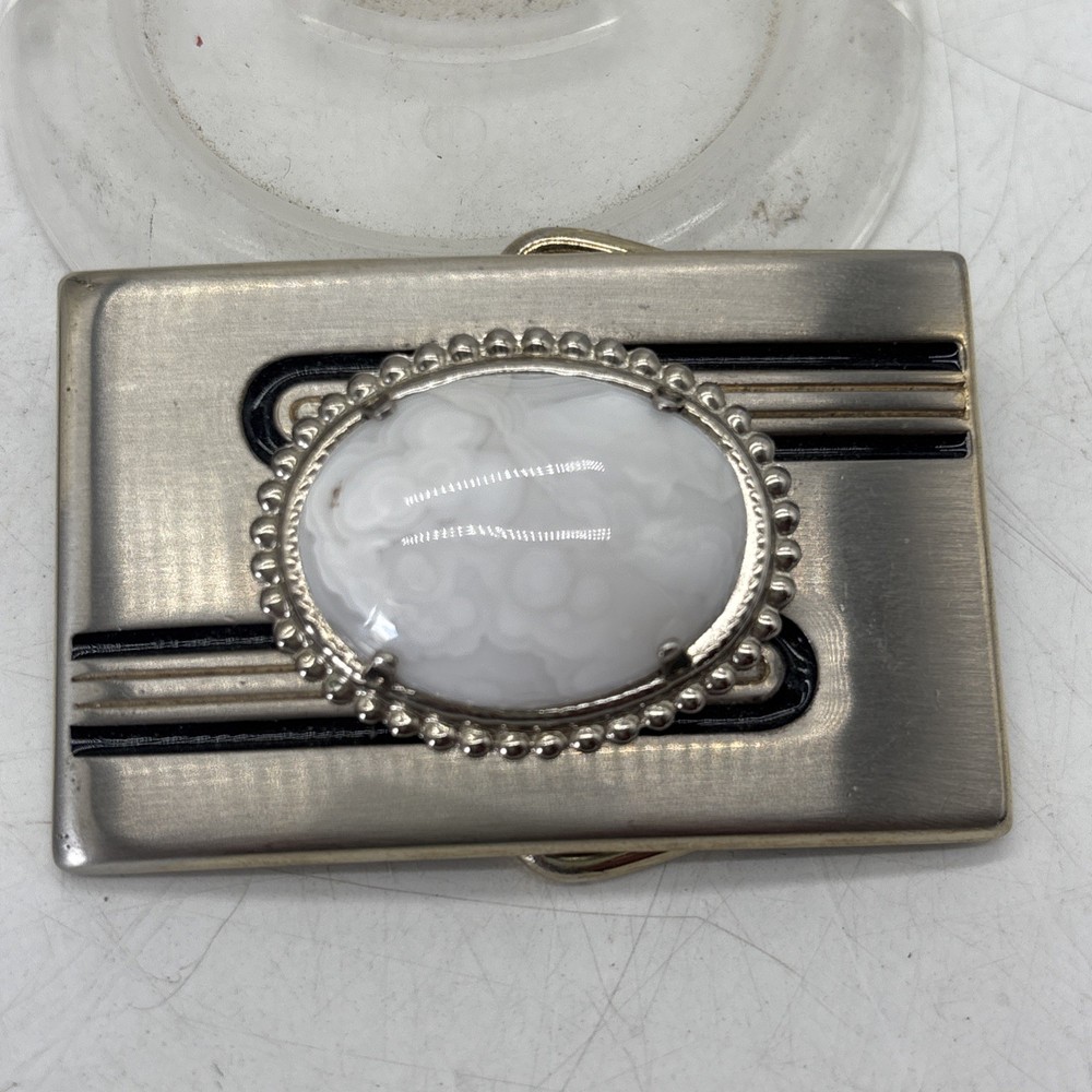 Vintage Agate Stone Belt Buckle Men&rsquo;s Silver Gold Tone Black Enamel 2.5 x 1.75 « 