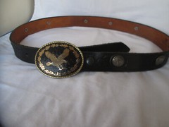 Flying Eagle Buckle Brass Tone & Black & Buffalo Nickel Accented Belt Size 38