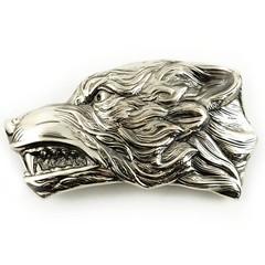 German silver belt buckle Grey Wolf, Handmade wolf head german silver buckle