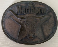 VTG Marlboro Belt Buckle Tobacco Rodeo Cowboy Bull Logo Brass 80&rsquo;s